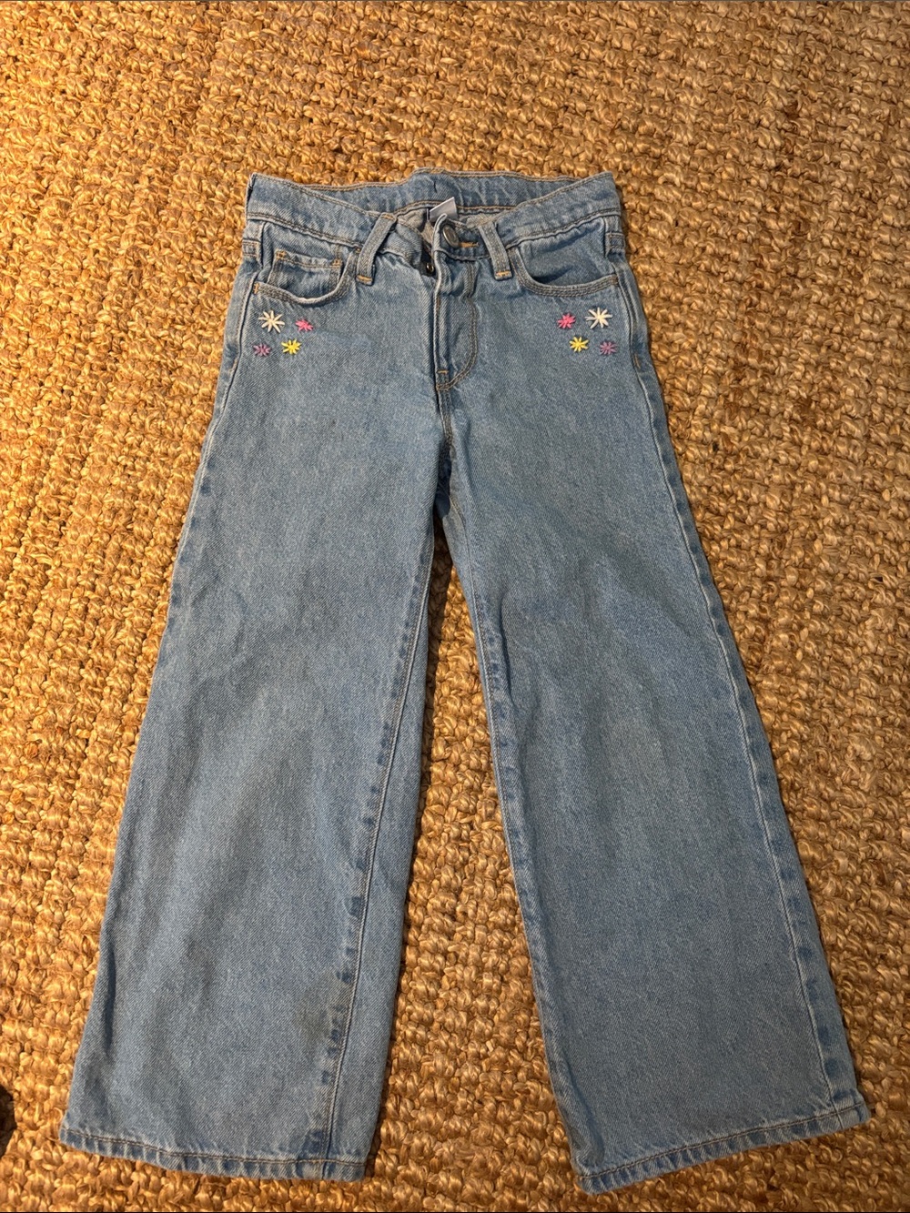Light Blue Girls 5T Wide-Leg Jeans with Floral Embroidery